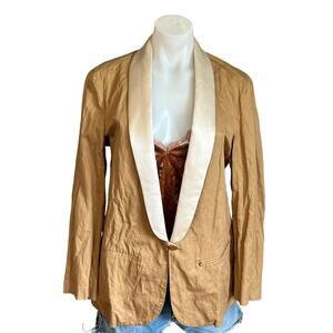 Italian Tuxedo Blazer Large Luxury Crinkle Boxy Khaki Brown Cotton Designer $298